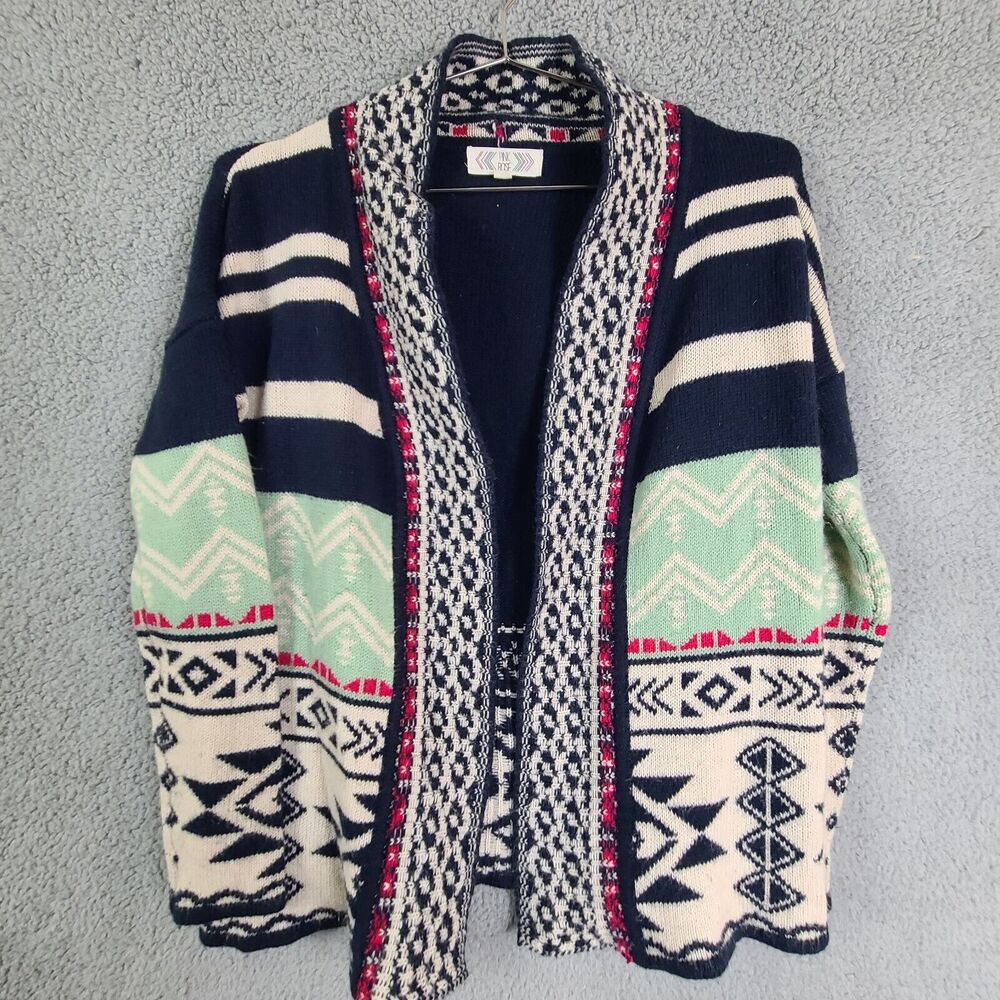 Pink Rose Cardigan Womens Sz Small S Open Front Fair Isle Blue Aztec Geometrical